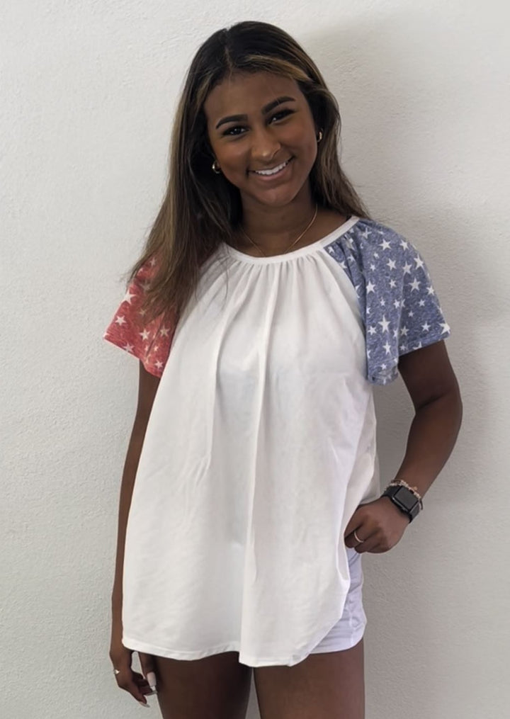 4th of July USA Made Ladies Patriotic Color Block Baby Doll 100% Cotton Top - Flare Sleeves with Stars  | Classy Cozy Cool Women's American Clothing Boutique