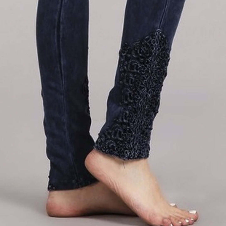 Chatoyant Mineral Washed Jeggings with Crochet Ankle Detail Hem Style# C30396 | Women's Fashion Clothing made in USA | Classy Cozy Cool Boutique