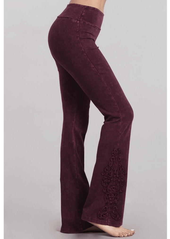 Burgundy Chatoyant Mineral Washed Boot Cut Jeggings with Crochet Detail Hem Style# C30372 | Women's Fashion Clothing made in USA | Classy Cozy Cool Boutique