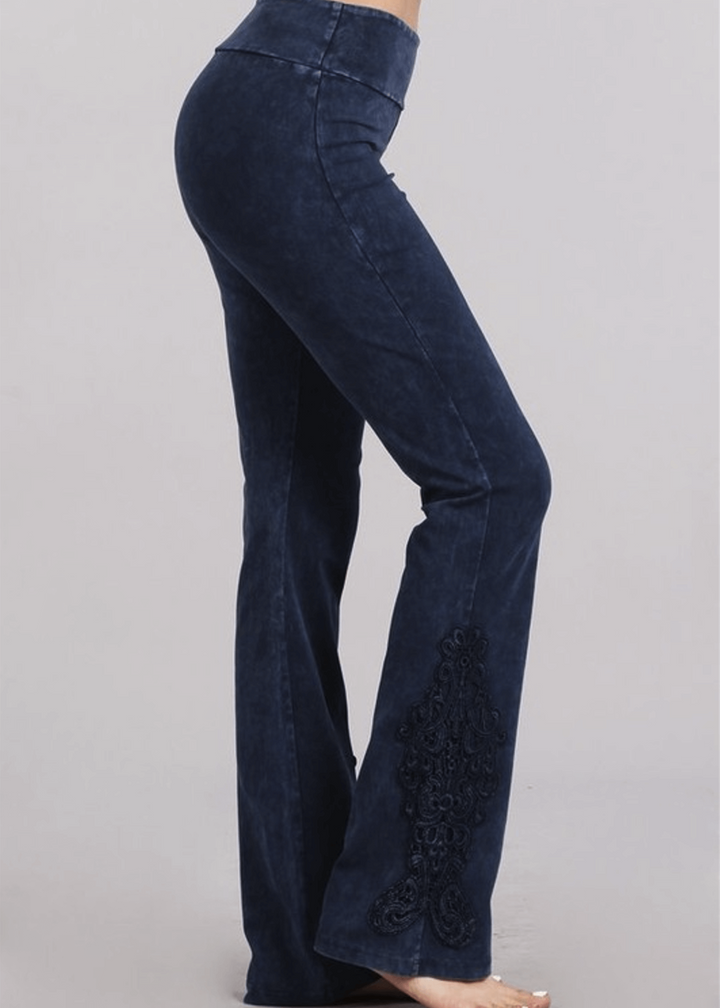 Electric Blue Chatoyant Mineral Washed Boot Cut Jeggings with Crochet Detail Hem Style# C30372 | Women's Fashion Clothing made in USA | Classy Cozy Cool Boutique
