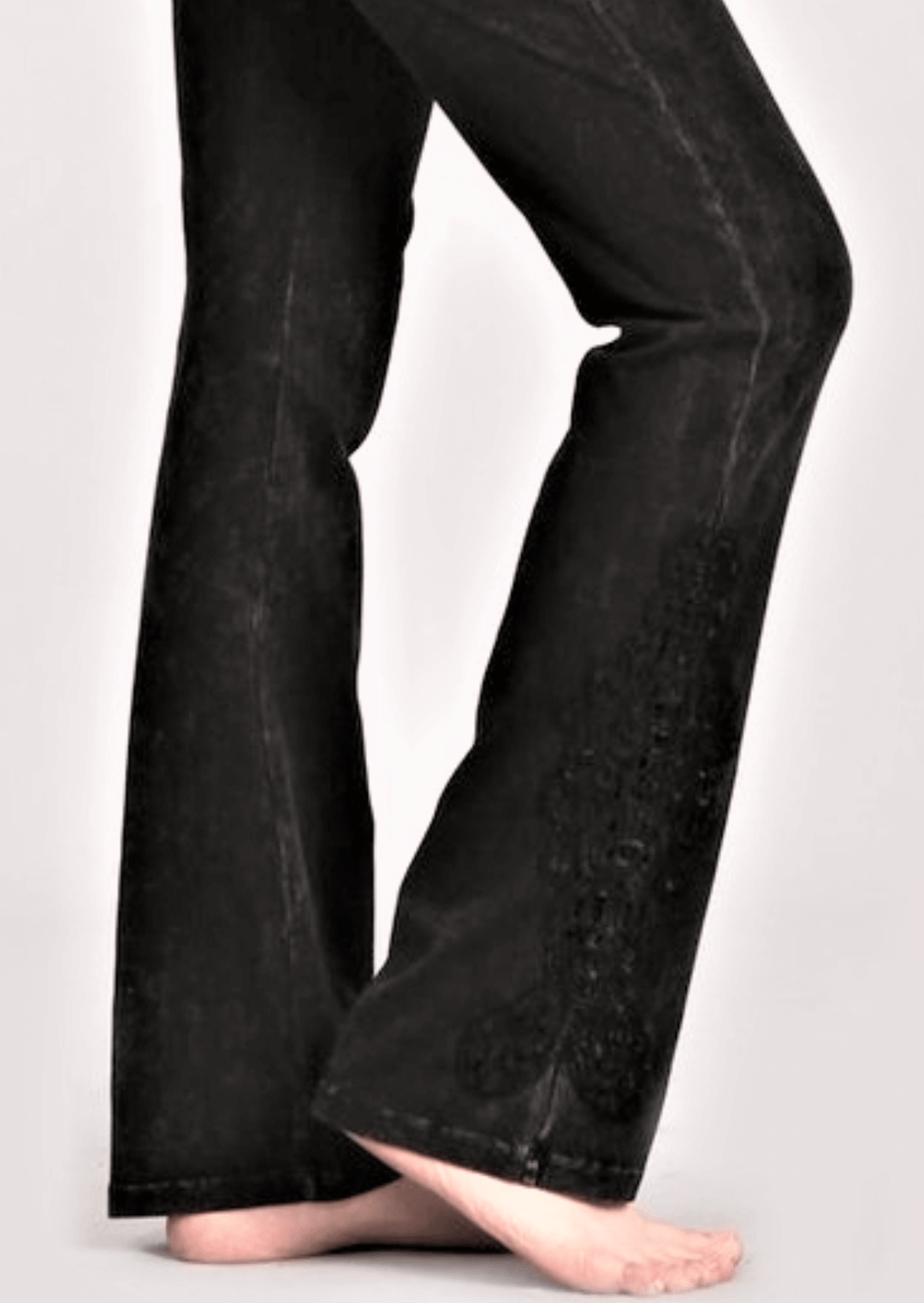 Mineral Washed Black Chatoyant Mineral Washed Boot Cut Jeggings with Crochet Detail Hem Style# C30372 | Women's Fashion Clothing made in USA | Classy Cozy Cool Boutique
