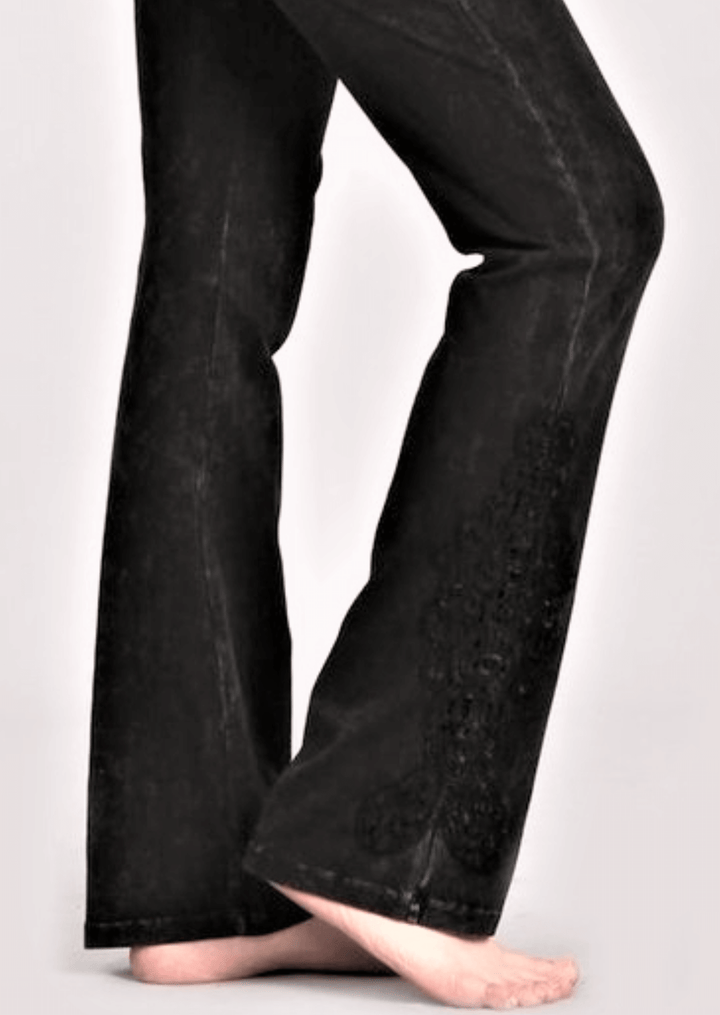 Mineral Washed Black Chatoyant Mineral Washed Boot Cut Jeggings with Crochet Detail Hem Style# C30372 | Women's Fashion Clothing made in USA | Classy Cozy Cool Boutique