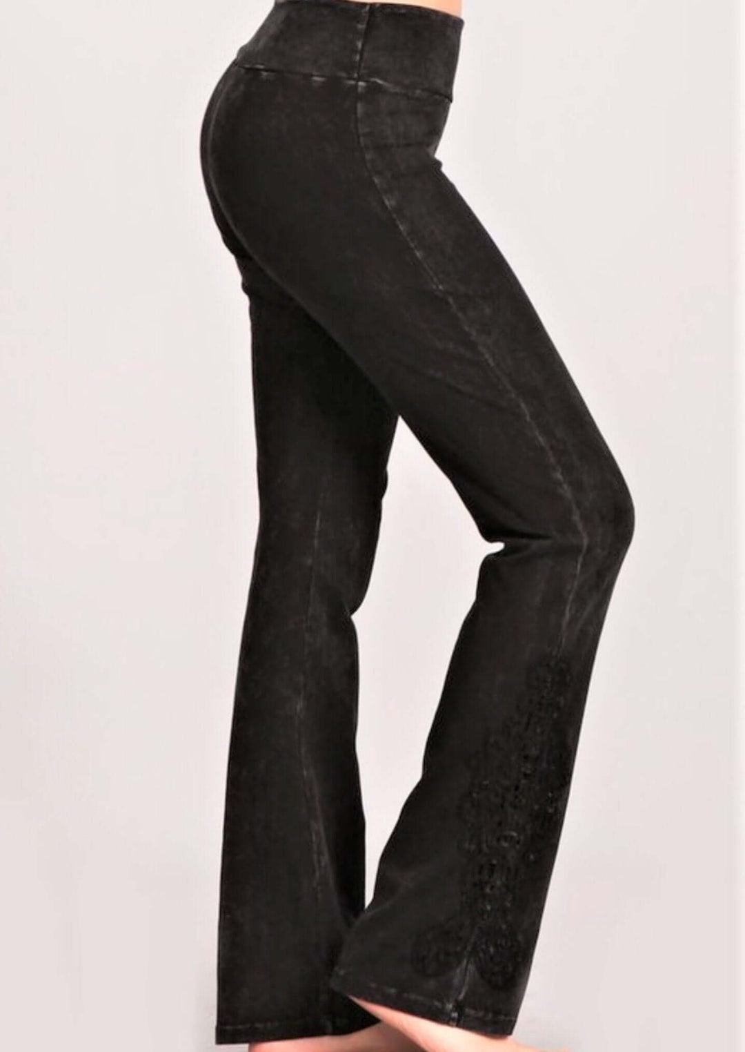 Chatoyant Mineral Washed Boot Cut Jeggings with Crochet Detail Hem Style# C30372 | Women's Fashion Clothing made in USA | Classy Cozy Cool Boutique