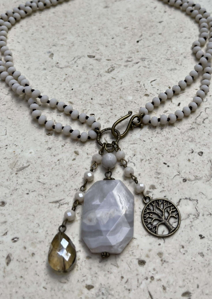 Creamy White Natural Stone Beaded Charm Necklace Made in USA | Fashion Jewelry Handmade in Texas by Carol Su | Women's Made in America Boutique