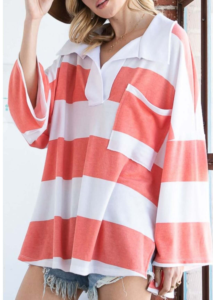 Striped Big Collared V-Neck Pullover Sweatshirt | Brand: Bucket List | Style T1211 | Made in the USA | Classy Cozy Cool Women’s Clothing Boutique
