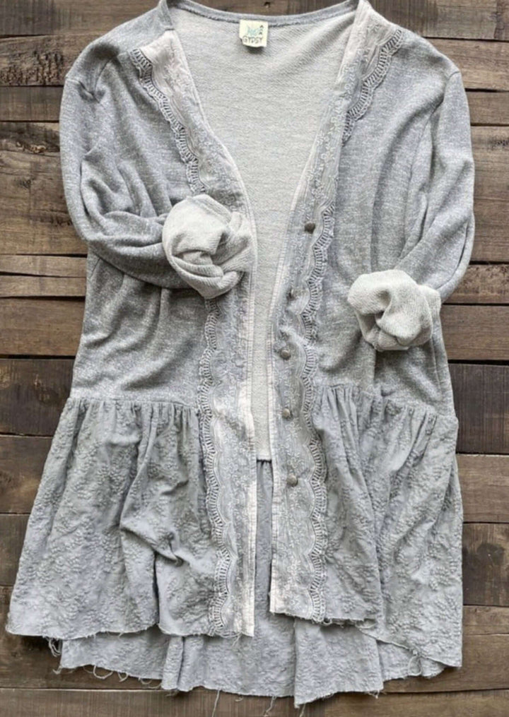 Jaded Gypsy Star Destination Button Down Lace Detail Sweater Cardigan in 2-Tone Grey | Bohemian Sweater Cardigan Made In USA
