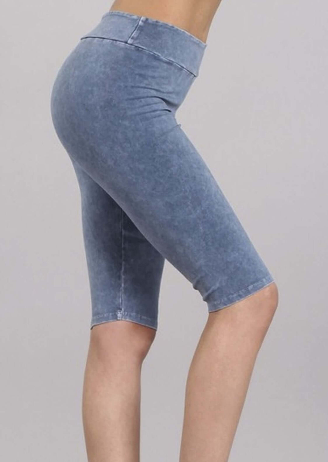Ladies Mineral Washed Light Denim Knee Length Biker Shorts | Chatoyant Style# C11309 | Made in USA | Classy Cozy Cool Women's Made in America Boutique