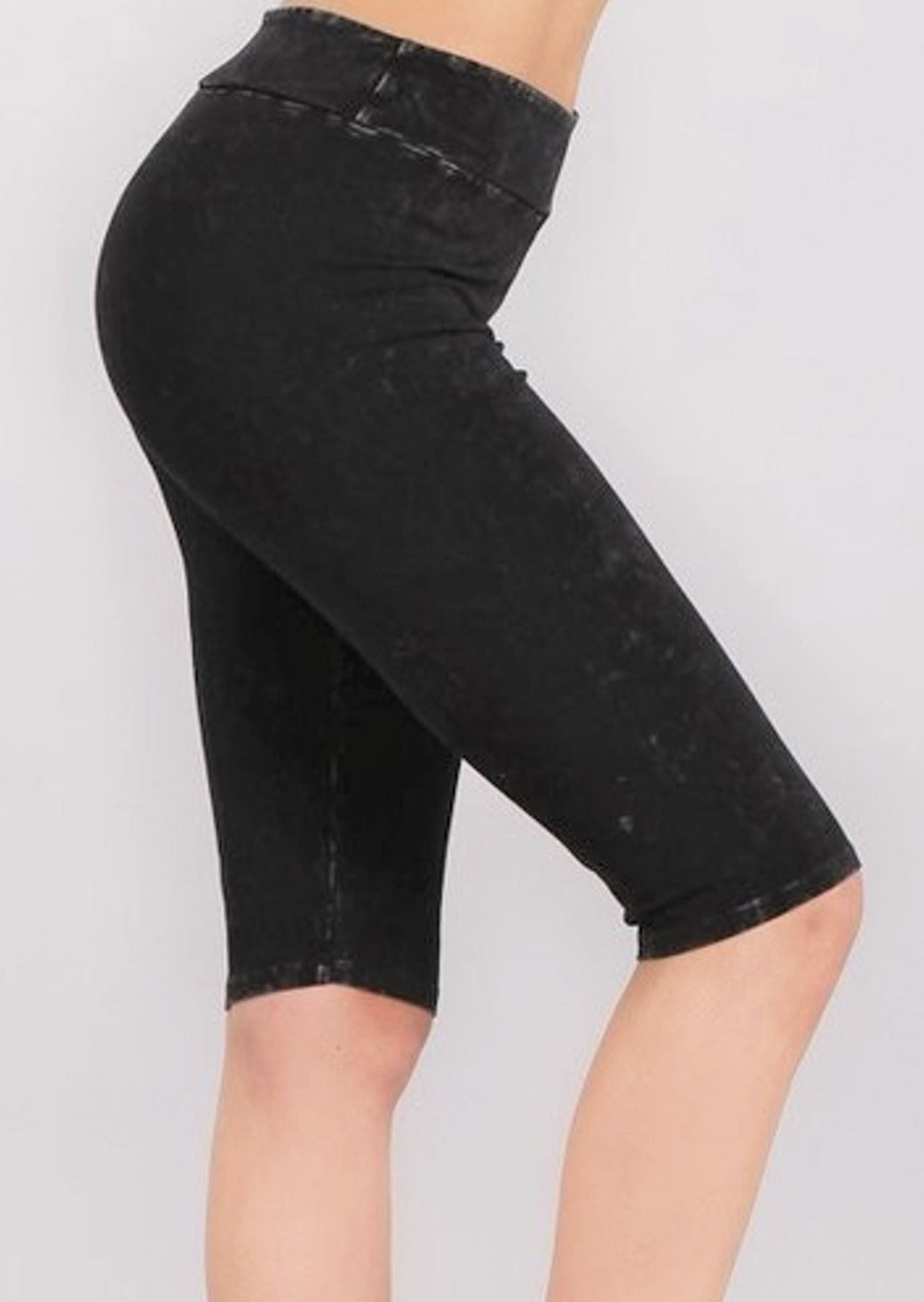 Ladies Mineral Washed Black Knee Length Biker Shorts | Chatoyant Style# C11309 | Made in USA | Classy Cozy Cool Women's Made in America Boutique