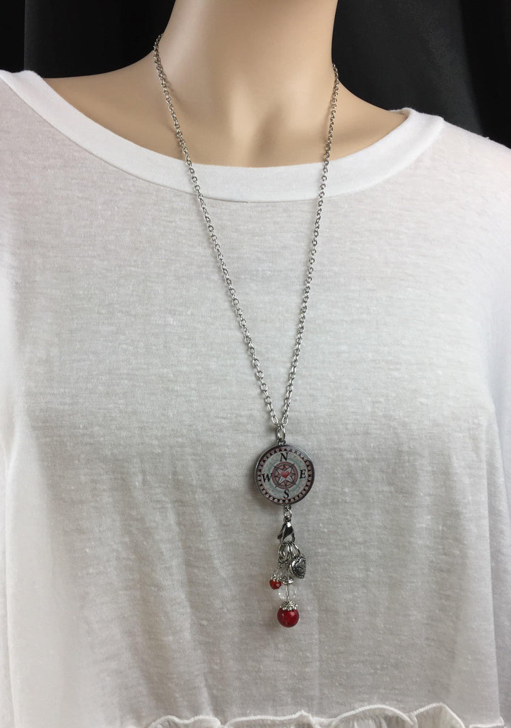 Brand: Spirit LaLa - Red Crystal Reversible Dangle Compass Inspirational Necklace -  BoHo, Compass, Gift Idea, Inspirational quote, Jewelry, jewelry made in USA, Made in America, made in usa, Made Local, Necklace, Pendant, Statement Necklace, Women - Classy Cozy Cool Boutique