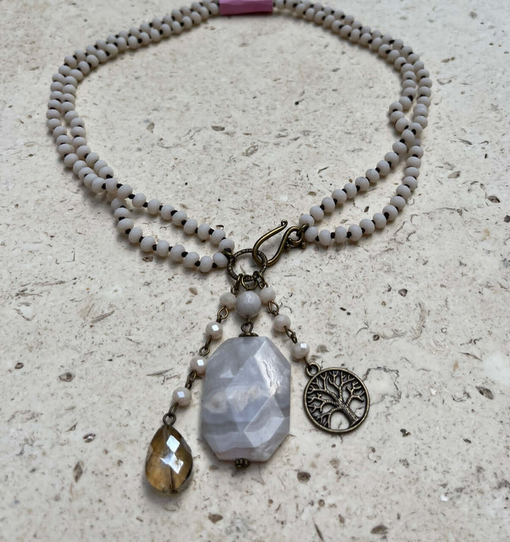 Creamy White Natural Stone Beaded Charm Necklace Made in USA | Fashion Jewelry Handmade in Texas by Carol Su | Women's Made in America Boutique