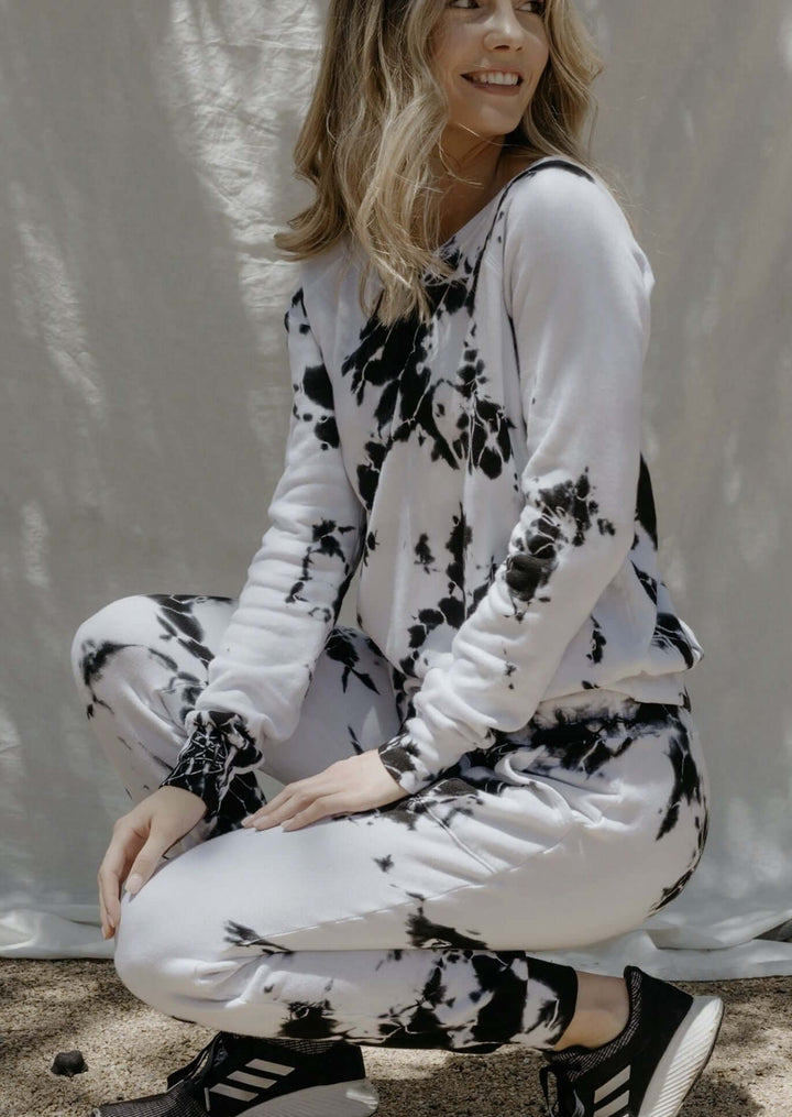 Jala Black & White Tie Dye Pocket Joggers eco-friendly, ultra soft French terry sponge fleece -Style PJ540F | Made in the USA | Classy Cozy Cool Boutique