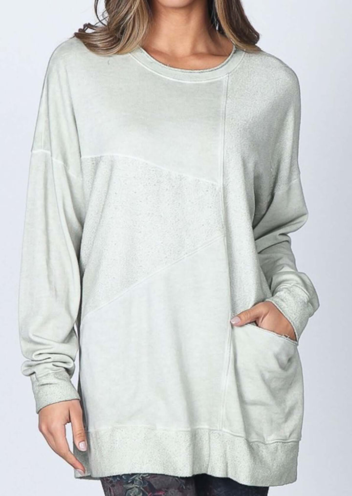 USA Made Ladies Oil Washed Premium French Terry Tunic with Front Pocket in Seashell Color |  M. Rena Style# S4472B | Women's Made in America Clothing