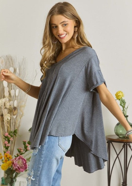 Adora V-Neck Oversized Navy Baby Doll Cut Tee Made in USA | Classy Cozy Cool Boutique Women's Made in America Boutique