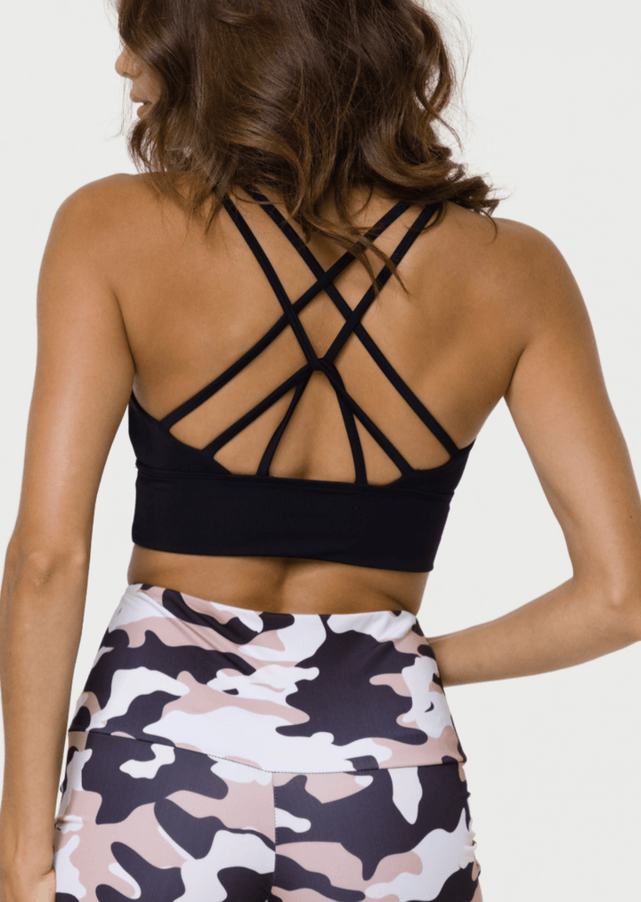 Onzie Ladies Sacred Bra in Black | Made in USA | longline silhouette and double strapping details | Classy Cozy Cool Women's American Boutique