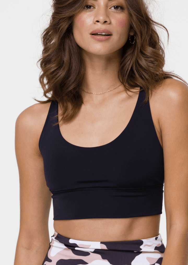 Onzie Ladies Sacred Bra in Black | Made in USA | longline silhouette and double strapping details | Classy Cozy Cool Women's American Boutique