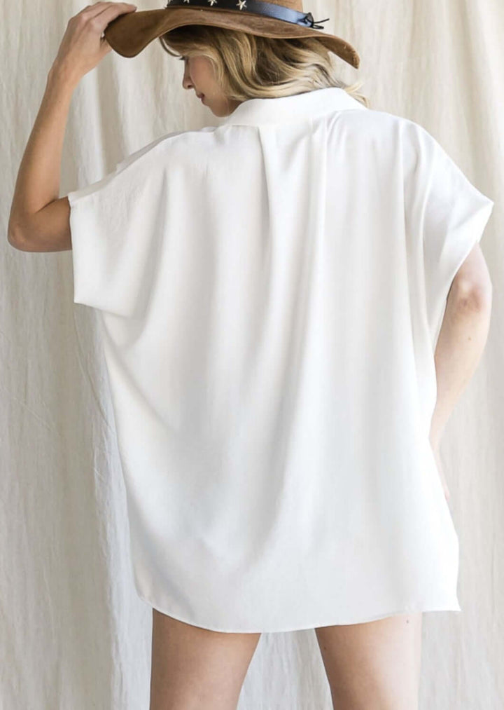 Back View Bucket List Style T1702 Ladies White Button Down Hidden Placket High Low Top | Made in USA | This top can be worn with anything. | Classy Cozy Cool Boutique