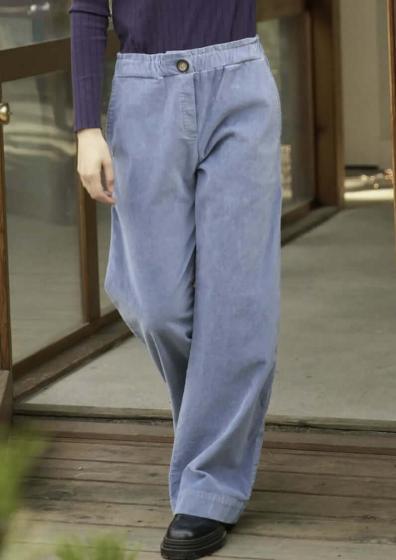 LA Relaxed Denim Blue Velvet Pants Proudly & Responsibly Made in USA.  Relaxed Fit 100% Organic Cotton Tailored Pants.  Women's Made in America Clothing Boutique