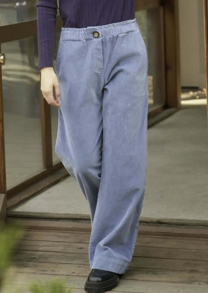 LA Relaxed Denim Blue Velvet Pants Proudly & Responsibly Made in USA.  Relaxed Fit 100% Organic Cotton Tailored Pants.  Women's Made in America Clothing Boutique