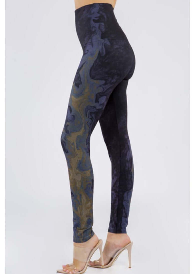 M. Rena Ladies High Waist Tummy Control Water Color Printed Leggings | Made in USA | Deep Indigo & Gold Tones | Made in America Boutique