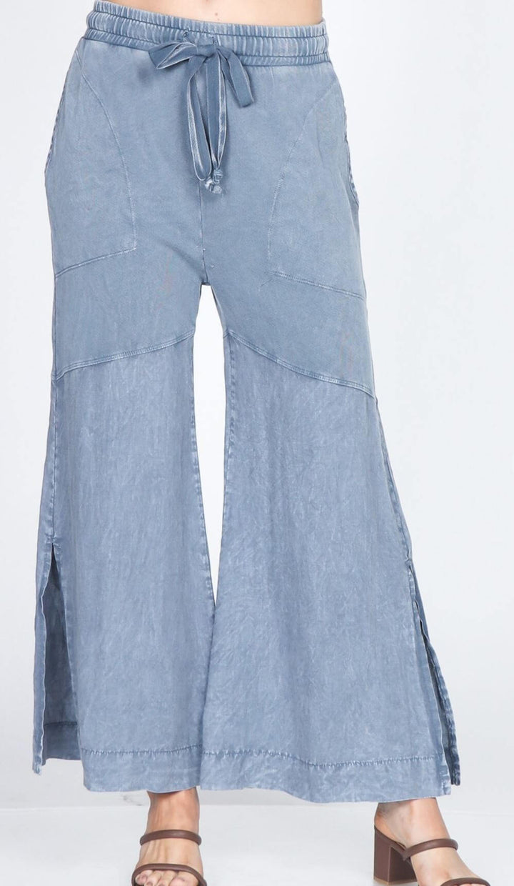 M. Rena Style# S4979 Ladies Luxury Cotton and Linen Wide Leg Terry Lounge Pants | Made in USA | Women's Fine Clothing Made in America | Color: Light Denim