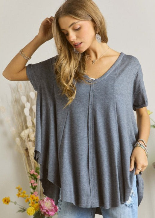 Adora V-Neck Oversized Navy Baby Doll Cut Tee Made in USA | Classy Cozy Cool Boutique Women's Made in America Boutique