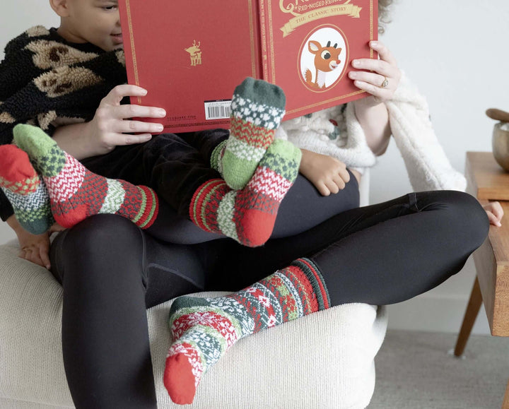 Solmate Socks HOLLY Christmas Knitted Crew Socks Proudly Made USA | These socks are delightfully mismatched & so very comfortable. American Made Clothing