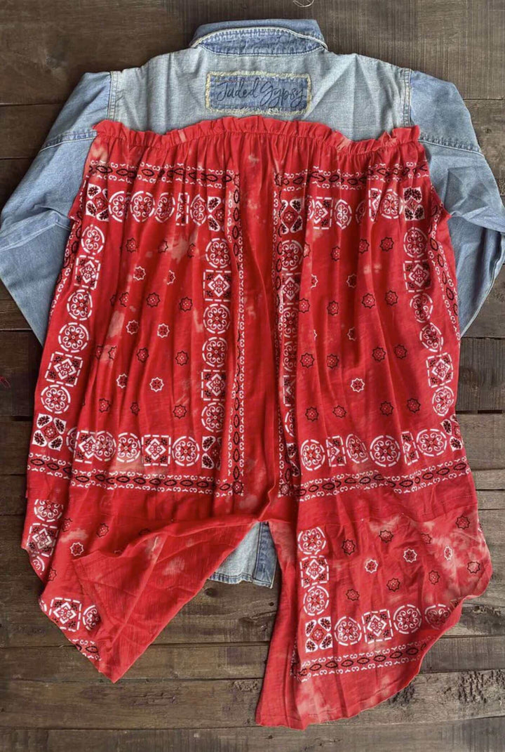 Jaded Gypsy Cowtown Denim Snap Down Boho Design Denim Shirt Jacket with Red Handkerchief Back Panel in Medium Distressed Denim | Made In USA