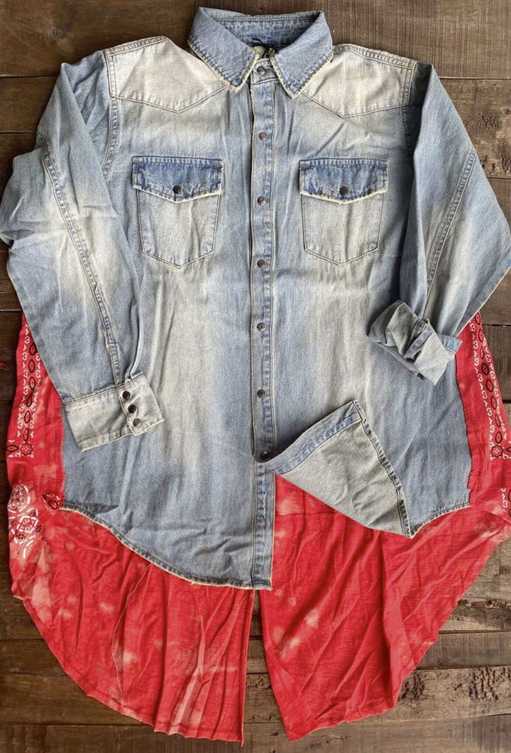 Jaded Gypsy Cowtown Denim Snap Down Boho Design Denim Shirt Jacket with Red Handkerchief Back Panel in Medium Distressed Denim | Made In USA