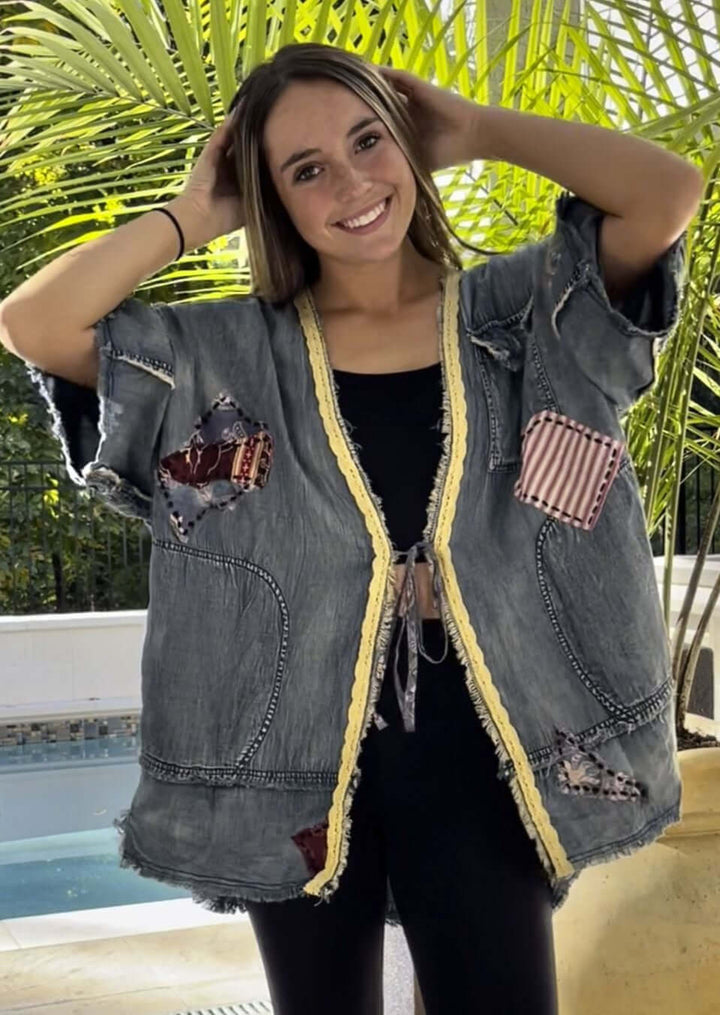 Jaded Gypsy Blue Moon Kimono Bohemian Design with Patchwork Detail & Large Front Pockets - Chambray | Made In USA | Classy Cozy USA Made in America Boutique