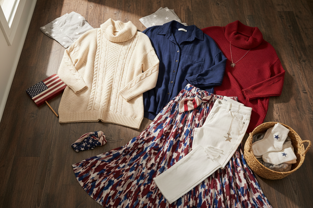 Women's Made in USA clothing collection featuring stylish apparel in red, white, and blue. Made in America.