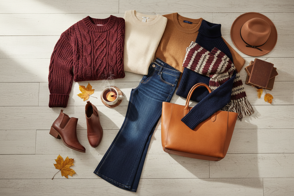 Women's fall and winter apparel made in USA — cozy sweaters, long sleeves, and denim styles. Made in USA.