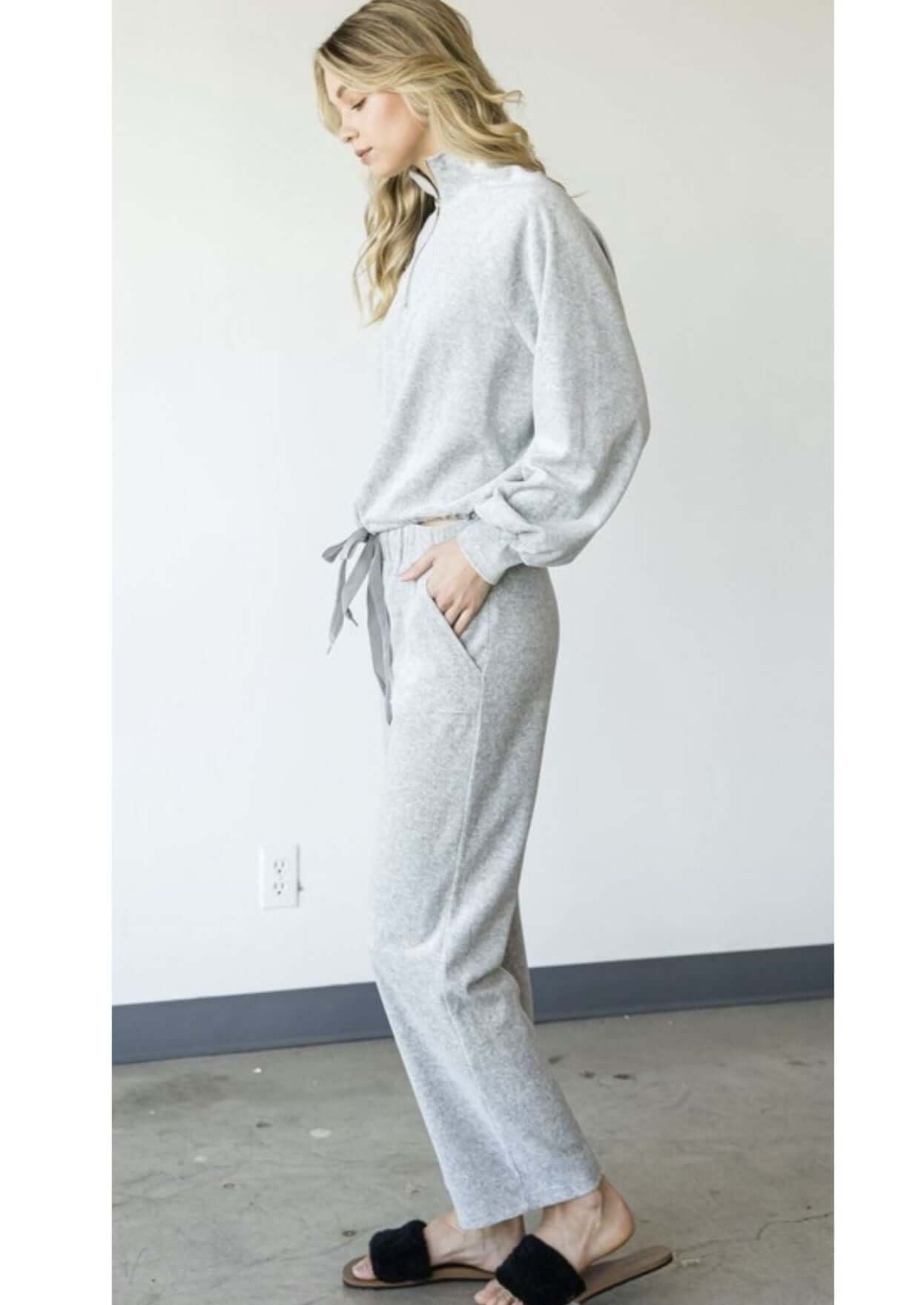 USA Made Ladies Heather Gray Velour Ankle Length Casual Pants Draw String Waist | Classy Cozy Cool Women's Made in America Clothing Boutique