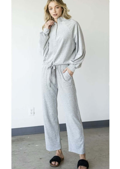 USA Made Ladies Heather Gray Velour Ankle Length Casual Pants Draw String Waist | Classy Cozy Cool Women's Made in America Clothing Boutique