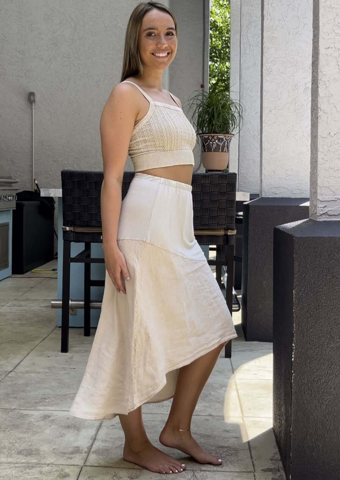 M. Rena Ladies Luxury Linen Hi-Lo French Terry Casual Skirt Available in Dark Denim & Bone | Made in USA | Women's American Made Natural Fabric Clothing | Color: Bone