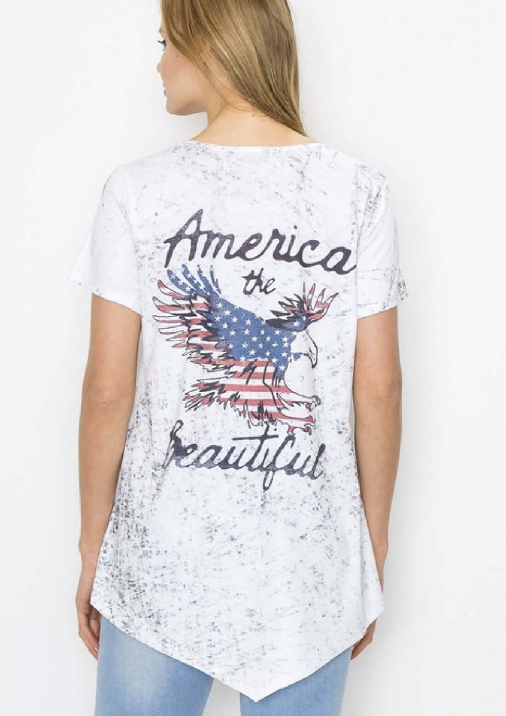 Ladies America The Beautiful Graphic Dye Sublimated Asymmetrical Hem Tee Perfect for 4th of July | Made in USA | Classy Cozy Cool Women's Made in America Boutique