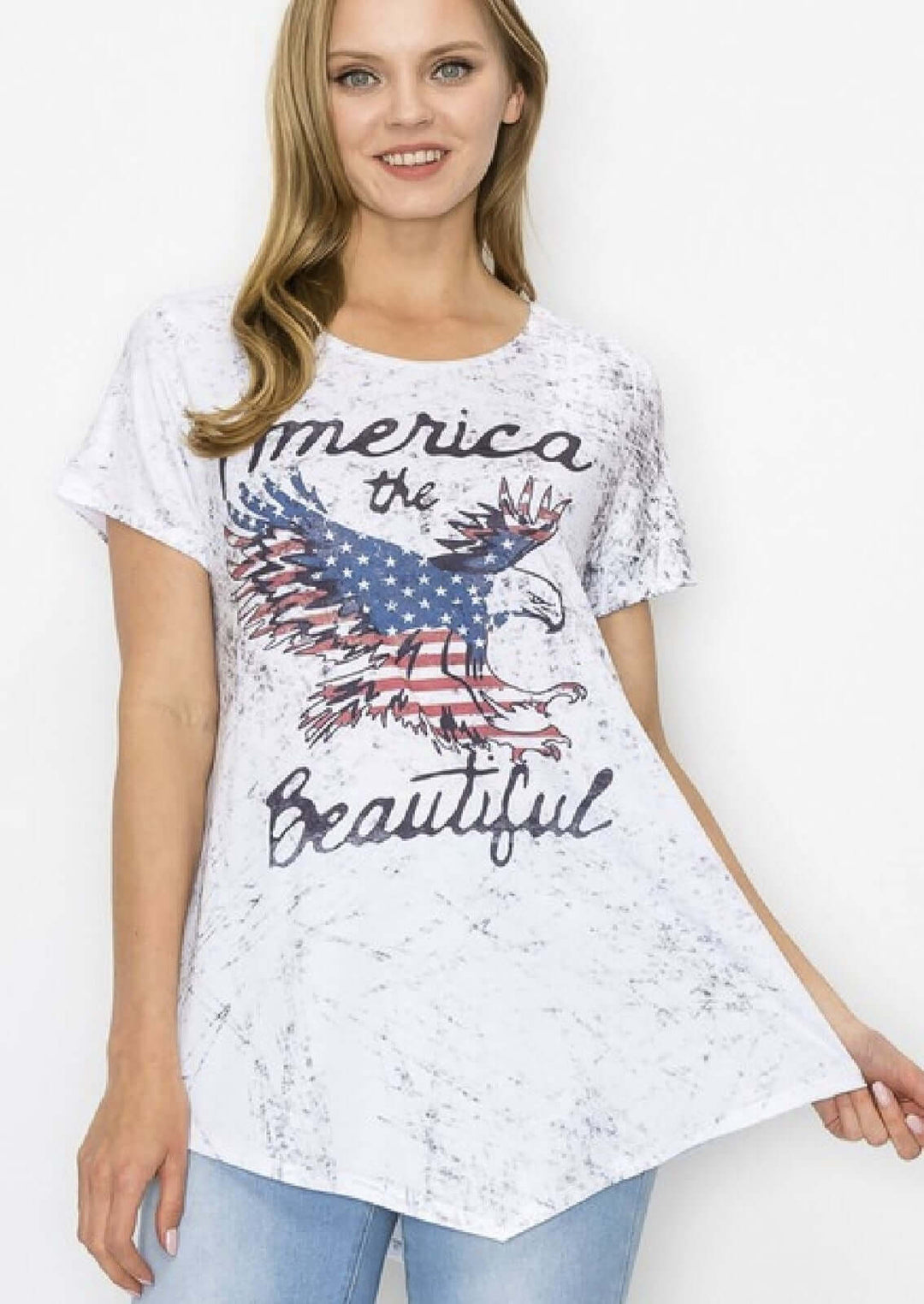 Ladies America The Beautiful Graphic Dye Sublimated Asymmetrical Hem Tee Perfect for 4th of July | Made in USA | Classy Cozy Cool Women's Made in America Boutique