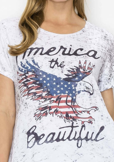 Ladies America The Beautiful Graphic Dye Sublimated Asymmetrical Hem Tee Perfect for 4th of July | Made in USA | Classy Cozy Cool Women's Made in America Boutique