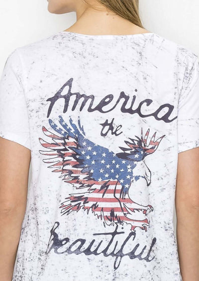 Ladies America The Beautiful Graphic Dye Sublimated Asymmetrical Hem Tee Perfect for 4th of July | Made in USA | Classy Cozy Cool Women's Made in America Boutique