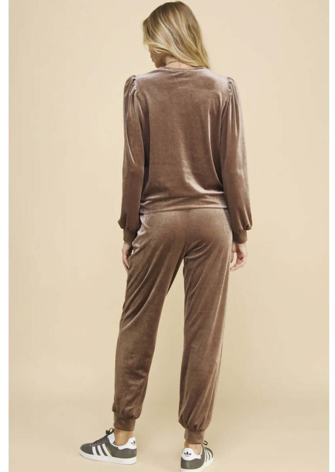 USA Made Women's Glam Velour Relaxed Fit Track Suit with Puff Sleeves in Taupe | Classy Cozy Cool Women's Made in USA Boutique