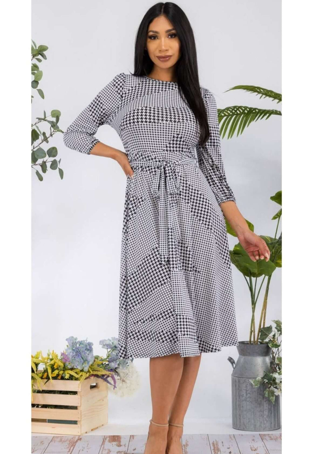 Ladies USA Made Black & White Houndstooth Print Midi Length Dress with 3/4 sleeves | Classy Cozy Cool Women's Made in America Boutique