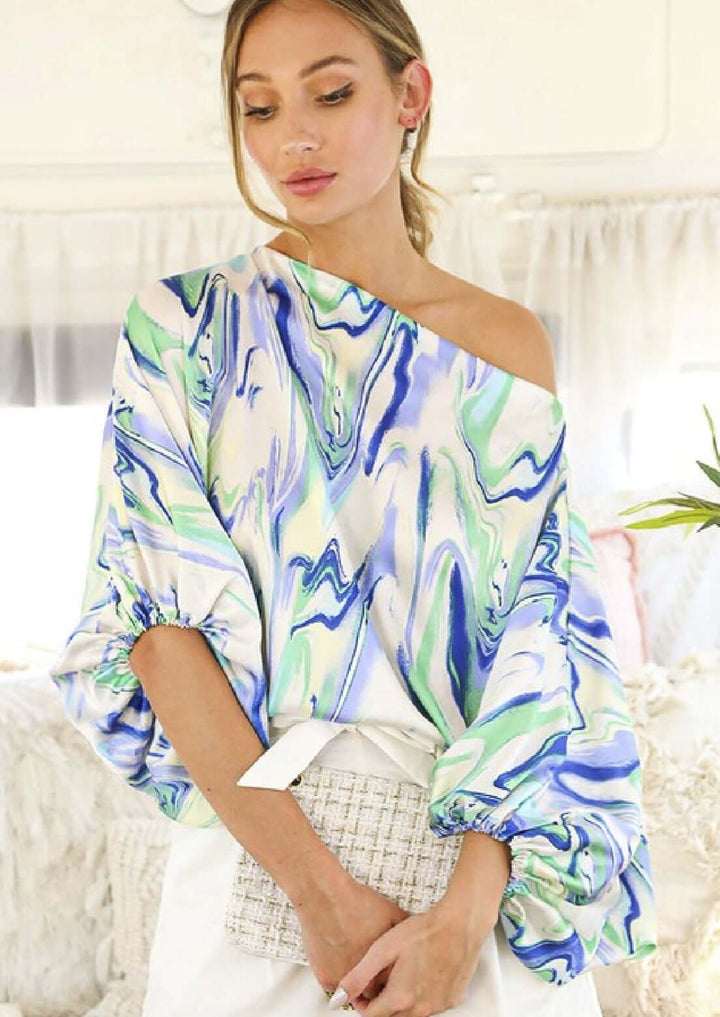 USA Made Ladies Satin Blue & Green Marble Print Boat Neck Top with Bubble Sleeves | Classy Cozy Cool Women's Made in America Boutique