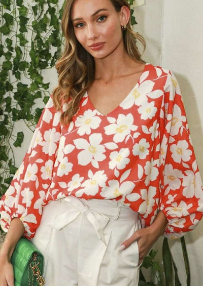 Ladies USA Made Beautiful Tomato Red V-Neck Cotton Bubble Sleeve Floral Top | Classy Cozy Cool Women's Made in America Boutique