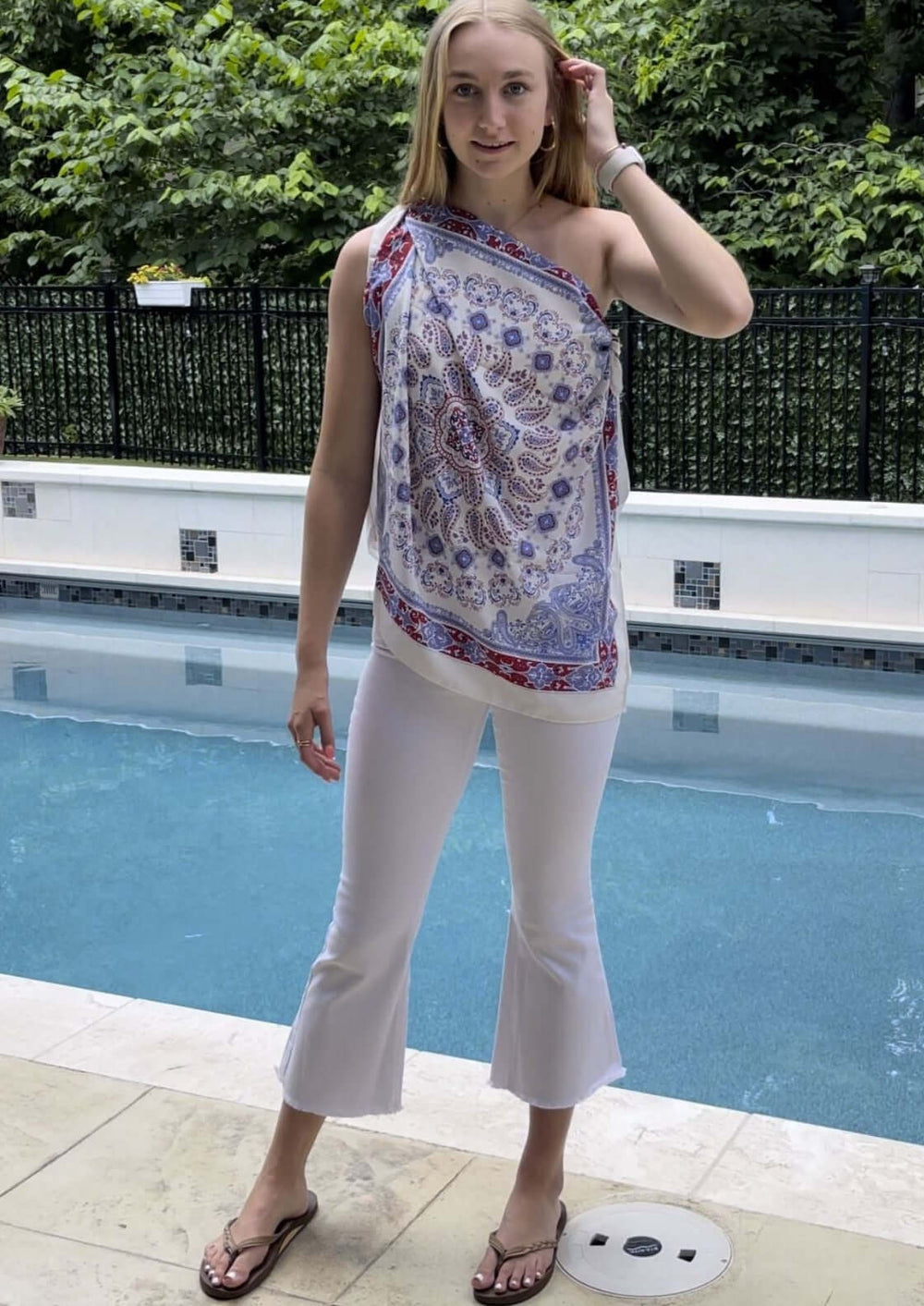 Bucket List Style# T1418 | Ladies Sleeveless Scarf Print Versatile Summer Top | Made in USA | Classy Cozy Cool Women's Made in America Boutique