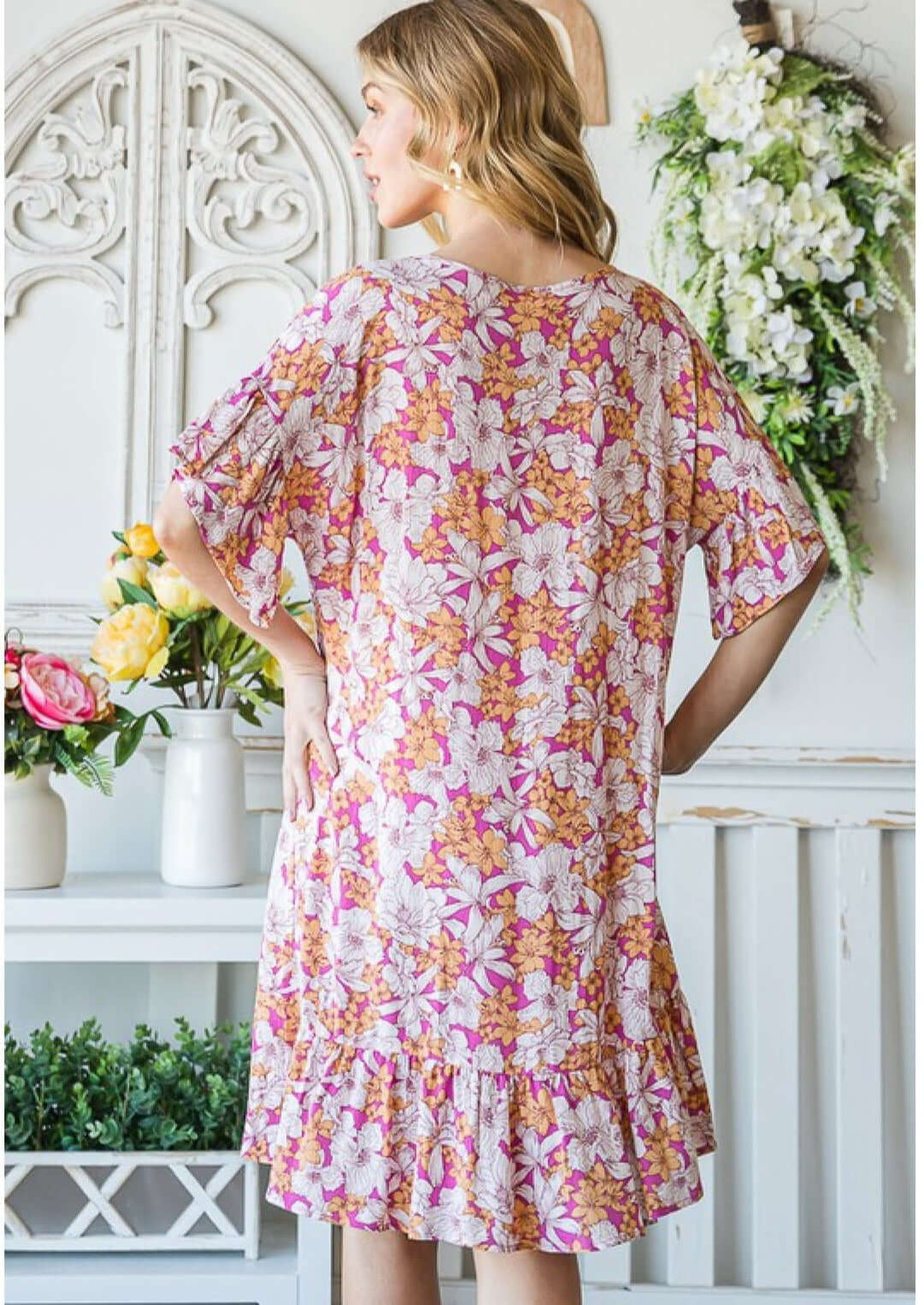 Ladies Made in USA 100% Rayon V-Neck Floral Tunic Dress with Flounce Ruffle Hem | Classy Cozy Cool Made in America Women's Boutique