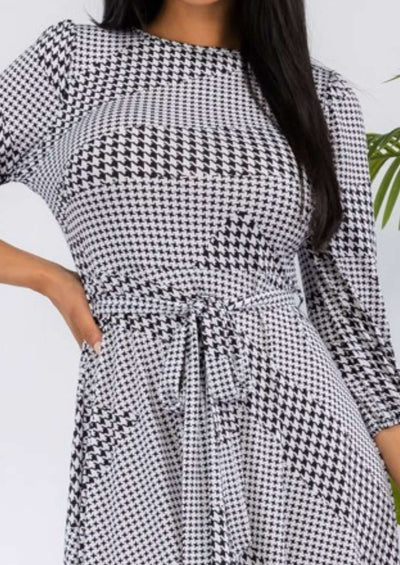 Ladies USA Made Black & White Houndstooth Print Midi Length Dress with 3/4 sleeves | Classy Cozy Cool Women's Made in America Boutique