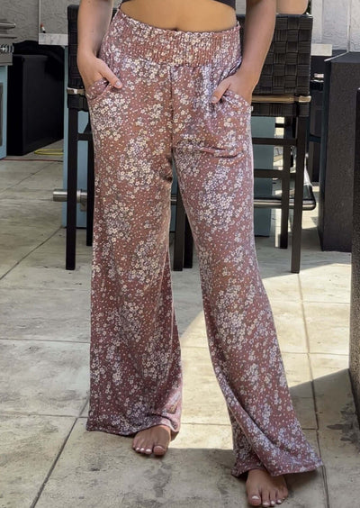 USA Made Ladies Smocked Waist Floral Relaxed Fit Super Soft Casual Pants in Grey or Rust with Off White Floral Pattern | Made in America Women's Boutique