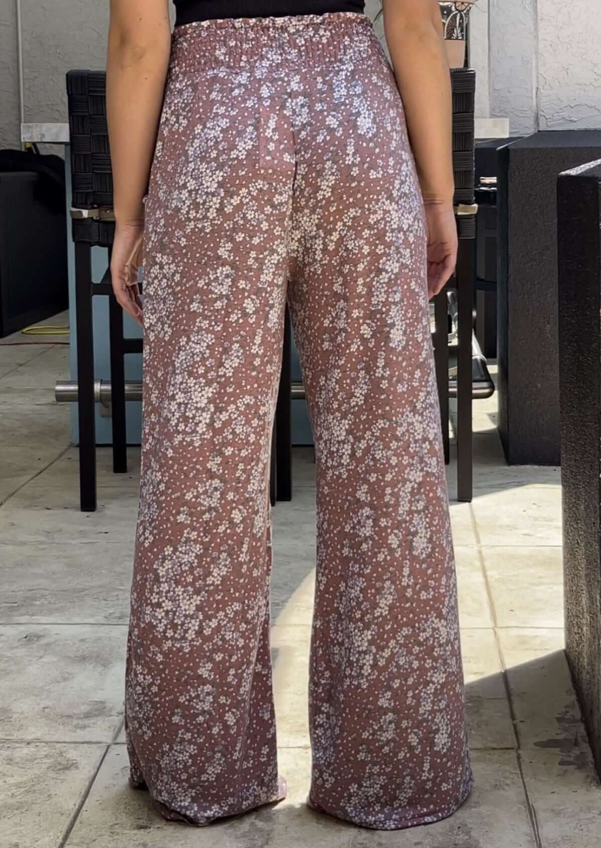 USA Made Ladies Smocked Waist Floral Relaxed Fit Super Soft Casual Pants in Grey or Rust with Off White Floral Pattern | Made in America Women's Boutique