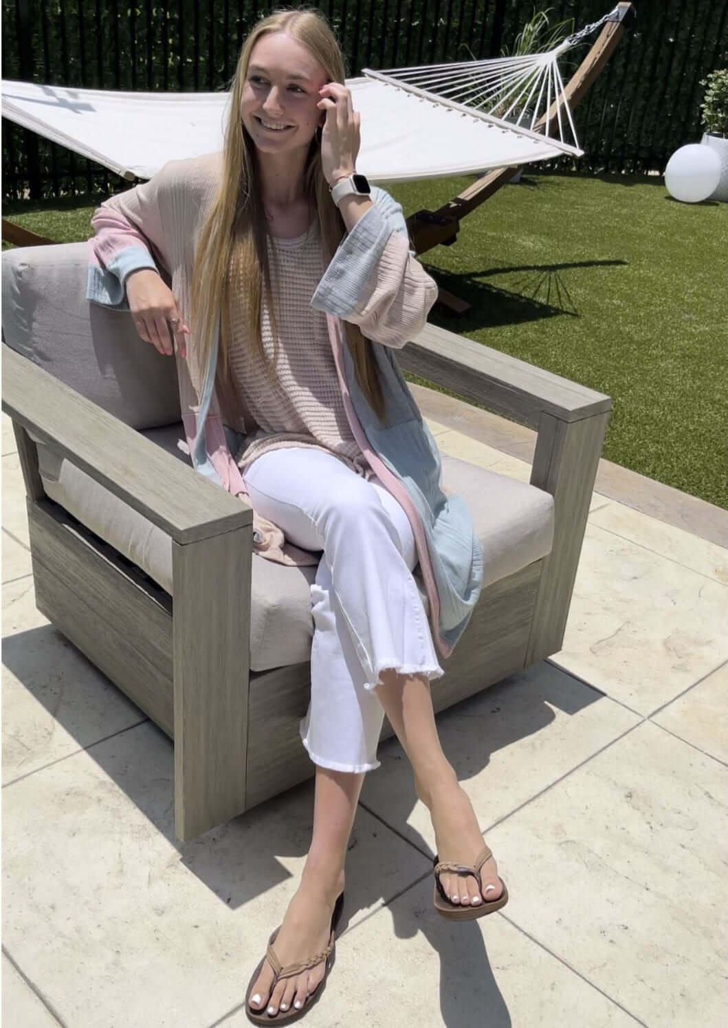 Ladies Pastel Color Block Open Front Long Length Lightweight Cardigan | Made in USA | Classy Cozy Cool Women's Made in America Boutique