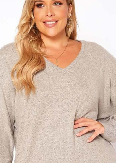 USA Made Soft & Stretchy Oversized Long Sleeve Women's V-Neck Plus Size Top in 2-Tone Oatmeal  | Classy Cozy Cool Women's Made in America Clothing Boutique