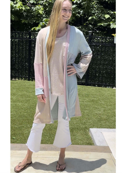 Ladies Pastel Color Block Open Front Long Length Lightweight Cardigan | Made in USA | Classy Cozy Cool Women's Made in America Boutique